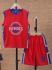 Boys' Basketball Jersey Set, Red & Printed, Summer - Red - View 2