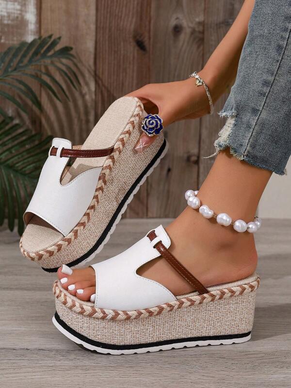 Luxury European Style Braided Rope Wedge Sandals, Summer! Open Toe Chunky Sole, Flexible Base, Suitable For Commuting And Vacation