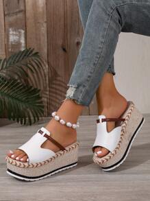 Luxury European Style Braided Rope Wedge Sandals, Summer! Open Toe Chunky Sole, Flexible Base, Suitable For Commuting And Vacation - White - View 2