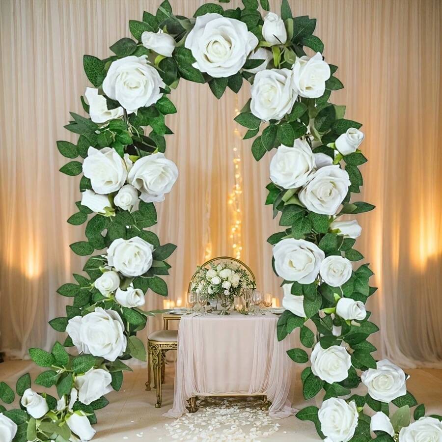 1-Pack Elegant White Rose Artificial Garlands - Rich Fabric Vine With Delicate Flowers And Leaves For Wedding Arch, Suitable For Weddings, Hotels, Gardens, Courtyards, Photography, Nordic Style, Perfect For Anniversaries & Festivals - Indoor/Outdoor