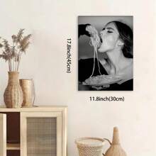 Framed  Black & White Woman Enjoying Pasta Canvas Art Print -  Wall Decor For Living Room, Bedroom, Hallway | Includes Hanging Hardware | Perfect Gift Idea, Perfect For Room Decor