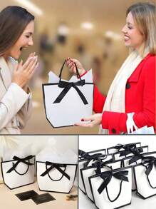 6pcs Bowknot Decor Tote Bag, White Large Capacity Paper Handbag, Halloween Thanksgiving New Year Wedding Birthday Gift Package Bag, Simple Solid Color Shopping Bag, Small Business Supplies, Cheapest Items Available, Jewelry Gift Wrapping Boxes For, Summer Wedding,Small Gift Bag, Paper Gift Bag, Gift Bag With Handle, Suitable For Ladies, Bridesmaids, Birthday, Valentine's Day Wedding Party (Black And White)