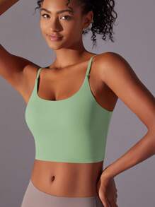 1pc Women Green Spaghetti Strap Camisole, Backless Yoga Tops, Adjustable Chest Pads Sexy Criss-Cross Back Bras