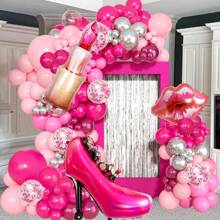 100 Stück/Set Prinzessin Hochhackenschuh Make-up Thema rosa & silberne Ballon Girlande Bogen Set, inklusive Hochhackenschuhe, Lippenstift, Lippen, Herz Folienballons, dunkelpink & silberne Prinzessinnen Themen Ballons, geeignet für Make-up Thema, Geburtstags Party Dekoration, Hochzeit, Junggesellinnen-Abschied, Jubiläum, Abschlussfeier Deko