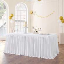 1PC White Polyester Table Skirt (For Rectangular Table), Wrinkle-Resistant Pleated Ruffled Tablecloth, Suitable For Birthday Parties, Banquets And Weddings - White - View 1