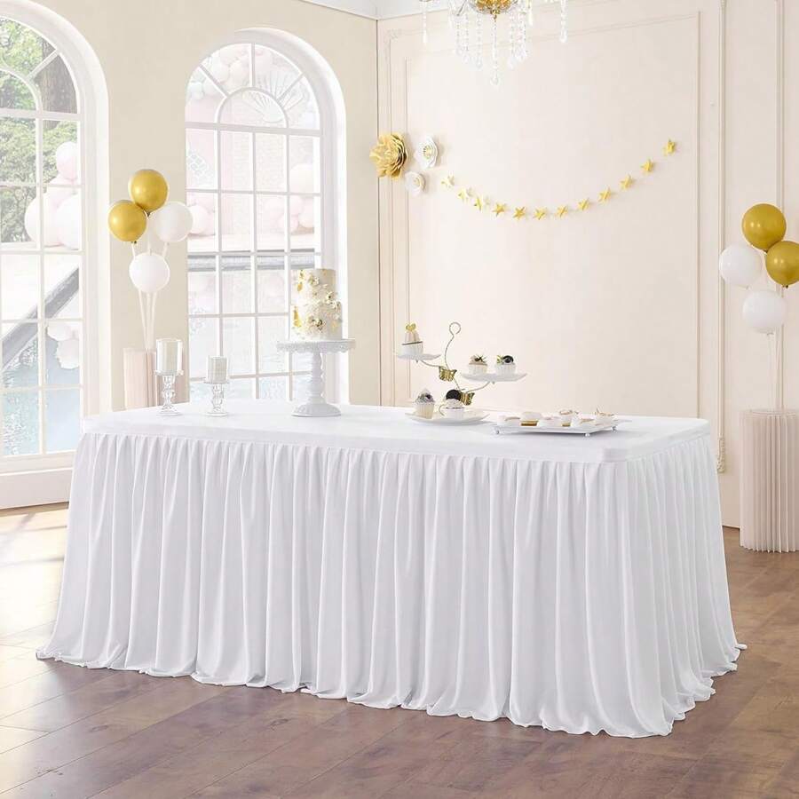1PC White Polyester Table Skirt (For Rectangular Table), Wrinkle-Resistant Pleated Ruffled Tablecloth, Suitable For Birthday Parties, Banquets And Weddings - White - View 1