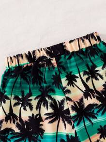 Conjunto de chaleco y pantalones cortos de niños pequeños con estampado de árbol de coco y dibujos animados, traje casual de poliéster adecuado para exteriores, verano