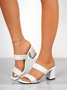 Damen Weiße geflochtene römische Sandalen, Boho Stil Plateau Pantoletten in Große Größen, Sommer Neuheit