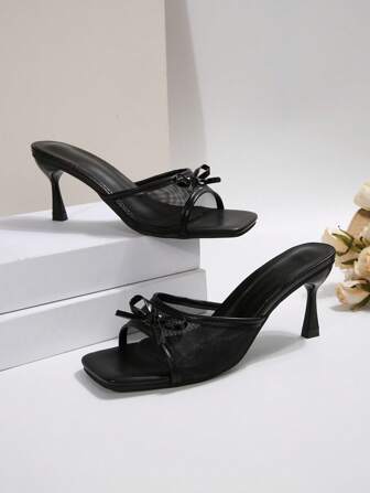Women's Summer Outdoor Mesh Breathable Minimalist Bowknot Black Kitten Heel Peep Toe High Heel Sandals