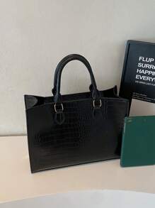 Fashionable Crocodile Grain Large Capacity Zipper Handbag, Suitable For Daily Business Travel, Vacation, Outdoor, Home, Dorm, Student Shopping Bag, Business Casual Woman Bag Perfect For Office Business And Work - Black - View 3