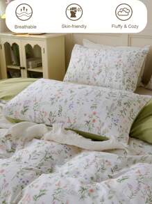 2/3 件 100% 纯棉复古花园植物花卉图案印花羽绒被套装无填充物透气超柔软四季通用（1 件*羽绒被套 + 1/2 件*枕套，无枕芯），柔软双色花卉设计床上用品套装适用于卧室和客房情人节特大号双人床全尺寸床上用品套装
