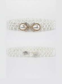 2pcs Women Pearl Elastic Waist Chain With Gold Flower & Bow Accent, Suitable For Evening Dress, Parties, Weddings, Mother's Day Gift