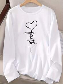 Faith Print Crew Neck T-Shirt, Spring/Autumn Casual Long Sleeve Top, Women's,Graphic Tees,Long Sleeve Tops,Shirts,Fall Women Clothes,Tops For Women,Cute Tops - 白色 - 查看 3