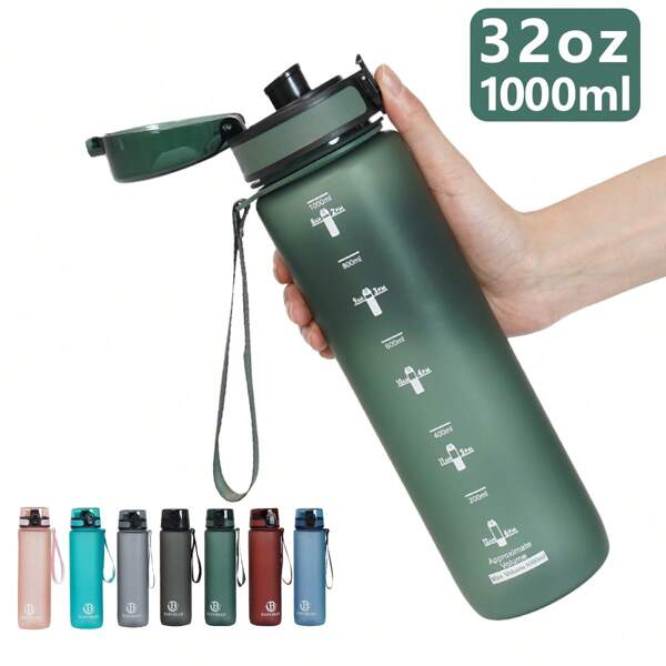 1 pièce 34oz (1000ml) Bouteille d'eau robuste et , style décontracté minimaliste pour l'extérieur. Gourde de sport à grande capacité avec bouchon, marquages de temps et de volume, bandoulière, étanche. Convient pour le camping, les sports, l'école, le vélo, la fitness, les cadeaux (Thanksgiving, Fête des mères, Jour de l'indépendance, anniversaire)