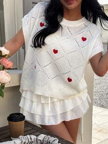 Knit Mix Women's Hollow Heart Pattern Rhombus Casual Commuter Loose Knit Pullover Top (Pattern Random), Spring/Summer