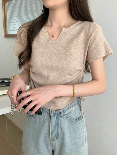 韩版女士半领抽绳针织短袖上衣，纯色夏季款