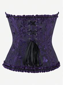 Purple Overbust Corset Bustier, Classic Retro Waist Trainer, Strapless Ruffle Trim Bodysuit, Tight Fitting Shapewear, Backless Slimming Costume Top, Suitable For Halloween - Purple - View 4