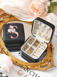 A-Z Floral Letter Pattern Travel Jewelry Box, Portable Zipper Travel Jewelry Storage Box, Gift Box For Women, PU Leather Waterproof Jewelry Box For Rings, Pendants, Earrings, Necklaces, Etc. - Gift Boxes For Girls And Women, Sun Travel Cool Back To School
