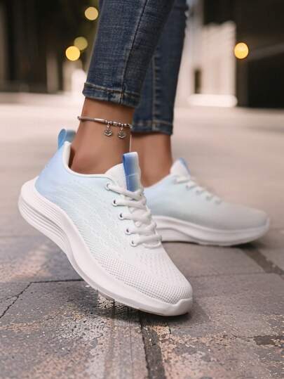 Women's Breathable Comfortable Gradient Blue & White Casual Outdoor Low-Top Lace-Up Sneakers, Non-Slip Running Shoes, Spring New Arrival