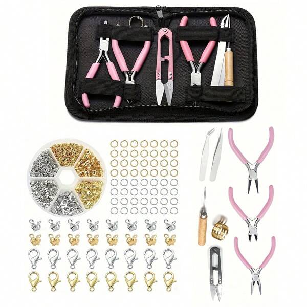 1 conjunto/1 caixa Kit de Confecção de Joias, Conjunto de Ferramentas para Confecção de Joias DIY, Alicates Feitos à Mão, Tesoura, Pinça, Abridor de Argolas de Salto, Fecho Tipo Lagosta, Adequado para Prática de Artesanato de Joias e Conveniência, Suprimentos para Fazer Pulseiras, Colares