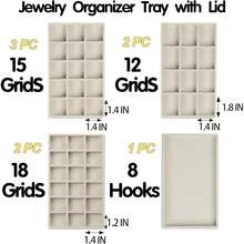 Set Of 8 Stackable  Organizer Trays With 1 Lid For Drawer & Dresser Organizer, Adjustable Velvet  Box Tray Earring Organizer Necklace Storage Ring Bracelet Display Case (Beige)