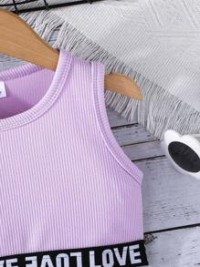 2pcs Young Girl Active Summer Love Print Sleeveless Top And A-Line Skirt Set