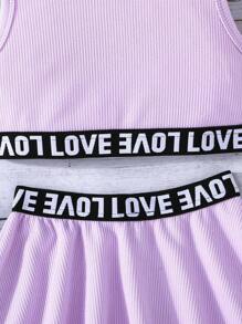 2pcs Young Girl Active Summer Love Print Sleeveless Top And A-Line Skirt Set