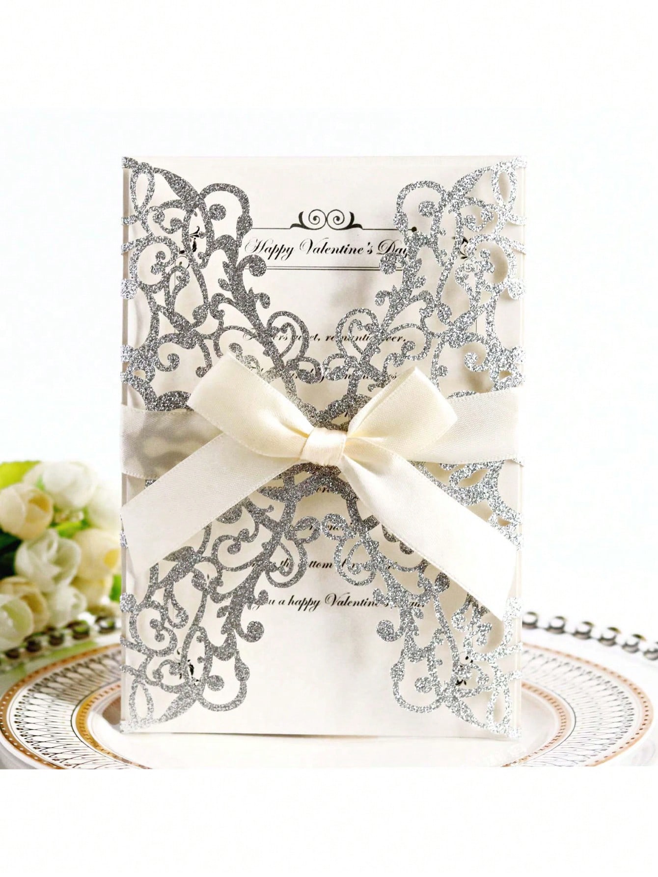 20 DIY wedding invitation cards in the shape of a cut-out flower decorated with gold glitter, with envelopes and response cards fo...