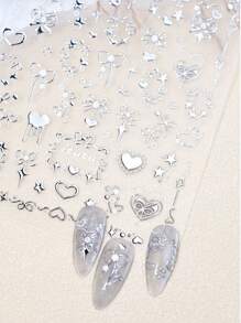 1片5D银色丝带蝴蝶结美甲贴纸，心形蝴蝶结美甲贴纸，青铜金银蝴蝶结美甲贴花，可爱蝴蝶结美甲贴纸，甜美蝴蝶结美甲自粘贴纸，女士DIY美甲贴纸，美甲用品 - 彩色 - 查看 5