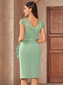 MIUSOL Elegant Contrast Lace Sequin Insert Ruffle Trim Ruched Wrap Hem Bodycon Dress,Semi Formal Women Dress,For Cocktail Party,Vacation, Graduation, Dinner