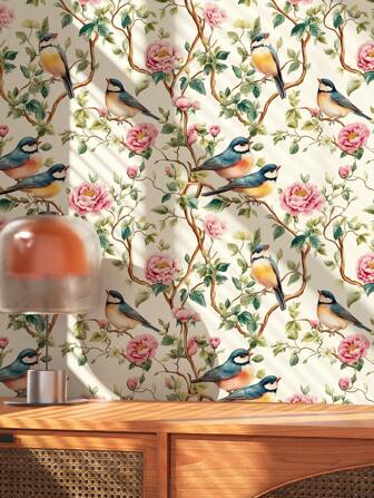 1 rulle retro förtjockade klassiska eleganta pionblomgrenar, fåglar, gröna blad, bruna grenar, lämplig för heminredning, köksskåp, bord och stolar, rumsbakgrunder, hemrenovering, gör-det-själv, vattentät, fläckbeständig, lätt att rengöra, självhäftande, skala och klistra tapeter, väggklistermärken, väggklistermärken rumsdekor väggdekor badrumsdekor sovrumsdekor rumsdekorationssaker vardagsrumsdekor husdekor heminredning vardagsrum väggkonst tapet