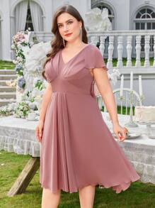 Plus Size Chiffon Minimalist Sexy Shawl Collar Ruched Deep V Bodycon Party Dress, Suitable For Wedding,Bridesmaid Dress - Coral Pink - View 1