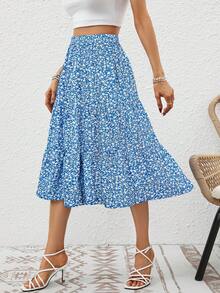 女士蓝色碎花印花弹力高腰层叠中长裙，带口袋，休闲春夏A字裙，适合日常穿着和度假 - 藍白色 - 查看 4