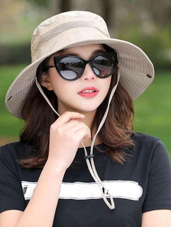 1 pieza Sombrero tipo cubo de ala ancha unisex, transpirable y con protección solar, con cordón ajustable, apropiado para primavera y verano