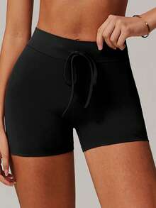 Shorts sport décontracté en tricot extensible pour femmes, printemps/été - Noir - Voir 3