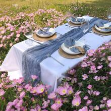 1 Set Table Runner + 12 Napkins, Gray Green Cheese Cloth Table Cloth And Napkins Set, 13 Ft Bohemian Gauze Cheese Cloth Table Runner With 12 Napkins (50*50cm), Rustic Pleated Table Cloth And Napkins, Suitable For Wedding Birthday Party Table Decor