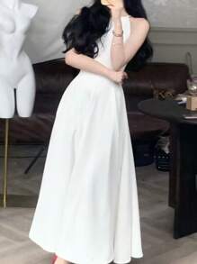 优雅派对生日休闲女士夏季无袖A字纯色时尚长裙