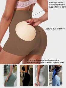 1pc Plus Size Women High Waist Shaping Brown Shorts, With Removable Padded Bum Lifter, Body Shaping Leggings - Brown - View 1