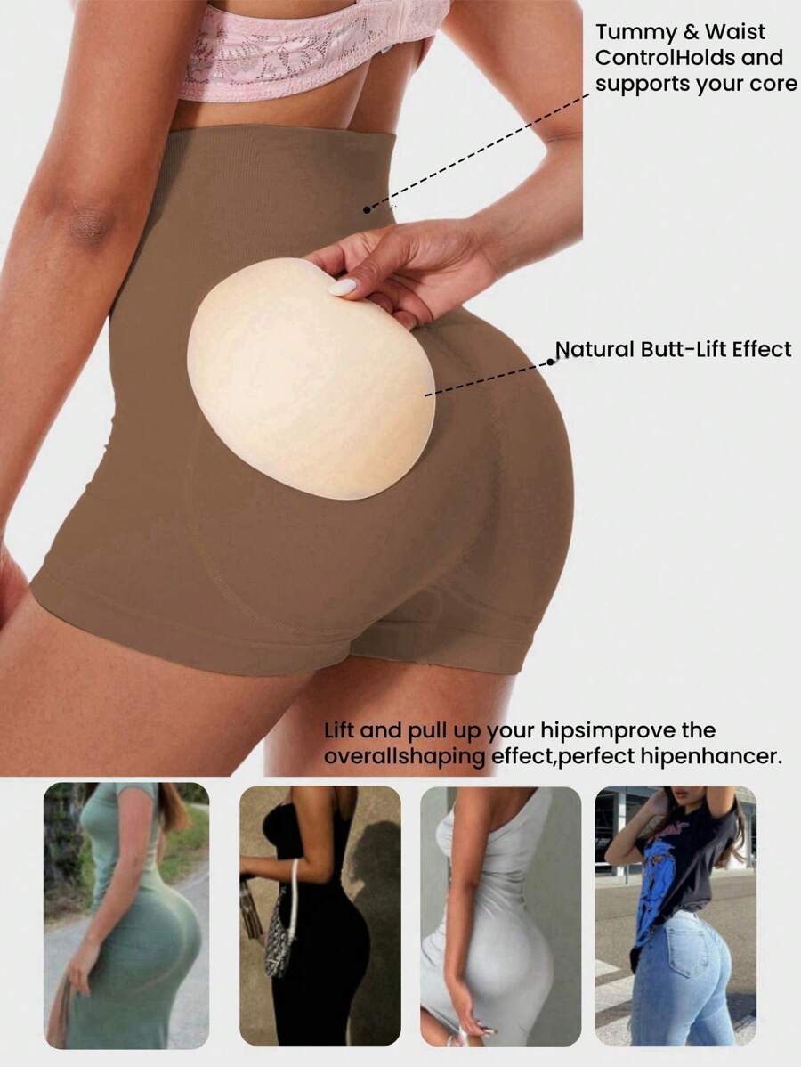 1pc Plus Size Women High Waist Shaping Brown Shorts, With Removable Padded Bum Lifter, Body Shaping Leggings - Brown - View 1