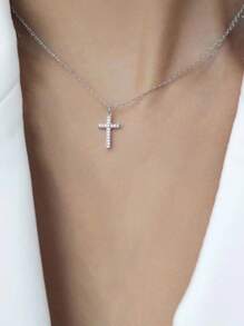 To The Loved One, 1 Piece Of 925 Sterling Silver Necklace, Fashion Simple Cross Pendant "Promise" Necklace, Inset With Synthetic Zirconia, Perfect Birthday, Valentine's Day, Easter, Halloween Jewelry Gift, With A Beautiful Card - Silver - View 2
