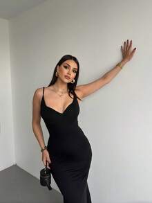 Women Solid Color Knitted Sexy Mermaid Style Casual Spring/Summer Holiday Dress - Black - View 6