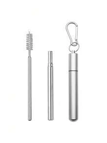 3pcs Stainless Steel Reusable Straws Set With Telescopic Straws, Cleaning Brush And Storage Case, Suitable For Outdoor Camping Christmas Gift,School Supplies