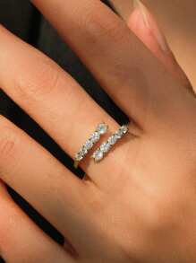1pc S925 Sterling Silver Zirconia Sparkle Double Row Adjustable Open Ring For Women, Everyday Wear Unique Quality Personalized Gift