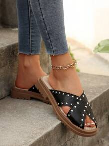 Women's New Spring/Summer Rivet Cross Strap Mule Sandals, Casual Chunky Platform Comfortable Versatile Slip-On - Black - View 8