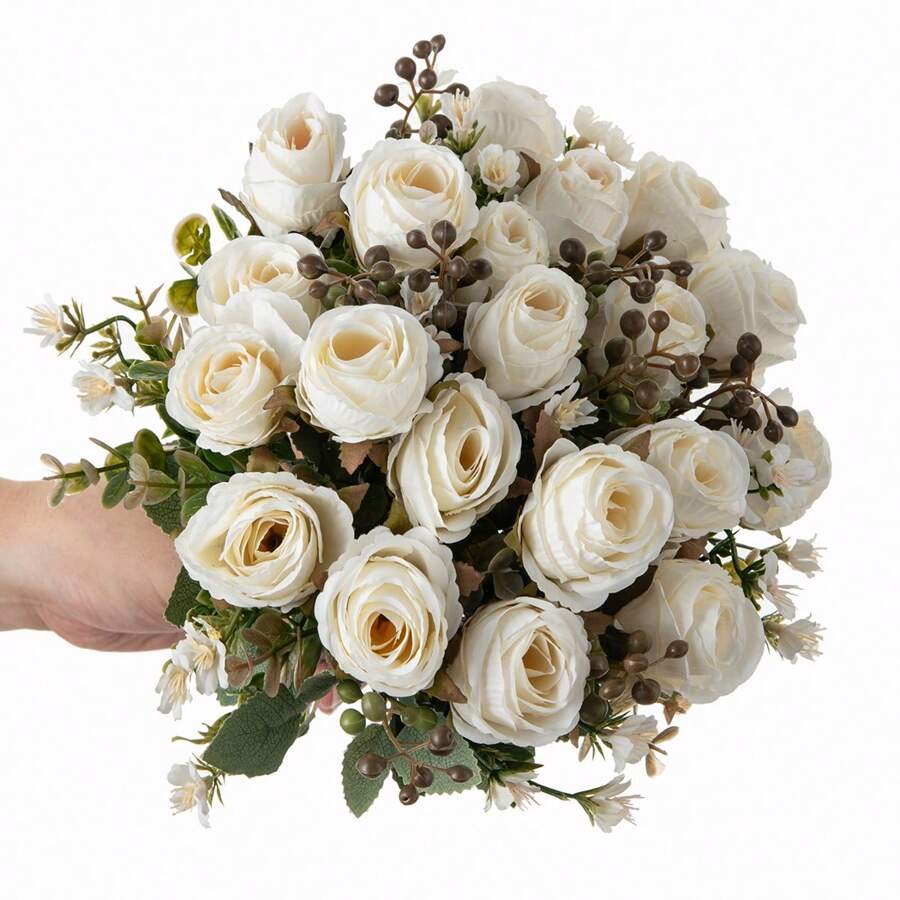 1/3 件人造牡丹花丝绸绣球花束人造玫瑰假植物适用于春秋季装饰、家庭婚礼花瓶、餐厅、卧室、厨房、浴室装饰、母亲节礼物、节日生日派对配件、户外花园装饰 - 玫瑰花束-白色 - 查看 1