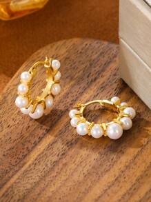 1 Pair Of High-End Wedding Party Earrings Featuring Cultivated Pearls, Crafted With 18K Gold Plating To Showcase Elegance And Luxury, Artistic Accessory For Graceful Moments, Packaged In Velvet Bag - Beige - View 7