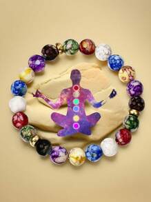 1 Mysterious Colorful Seven Chakra Beaded Bracelet, Yoga, Healing Stone, Natural Energy Stone Bracelet, Elastic And Adjustable, Can Be Worn By Thick And Thin Hands, Made Of Plastic, Suitable For Everyone's Daily Wear - Multicolor - View 3