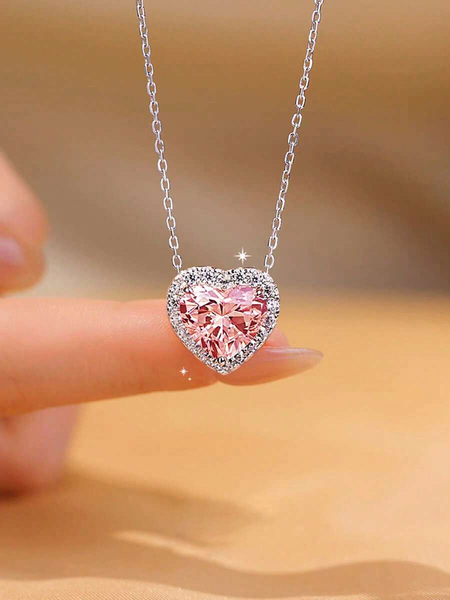 S925 Sterling Silver Romantic Cubic Zirconia Heart Pendant Necklace, Elegant & Delicate Gift For Lover, Anniversary, Holidays, Party, Mother's Day, Women Luxury Jewelry, Random Box Style