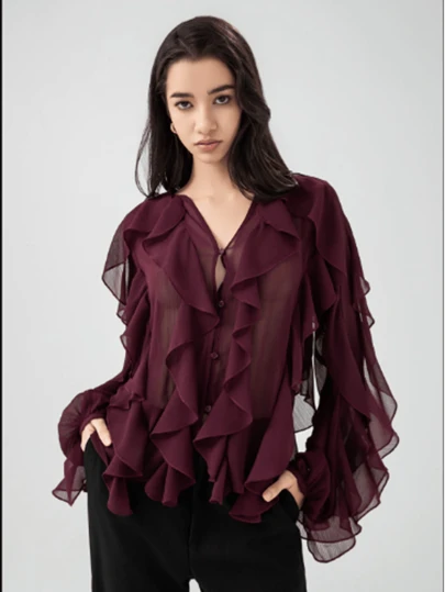 HZXVIC Women's Elegant Deep V-Neck Ruffle Sleeve Blouse