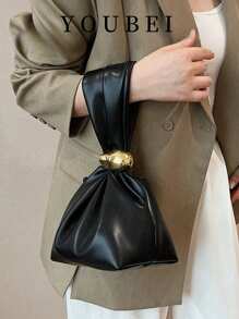 1pc Women Solid Color PU Tote Bag, Personalized Mini Ruched Bag With Metal Decors & Zipper Closure, Suitable For Daily & Outdoor Use